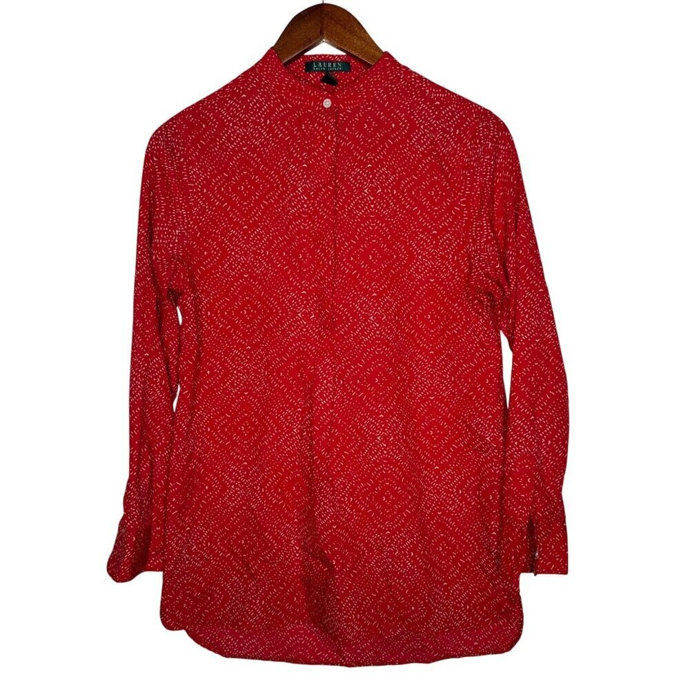 Lauren Ralph Lauren Red Speckled collarless‎ pullover blouse Sz S